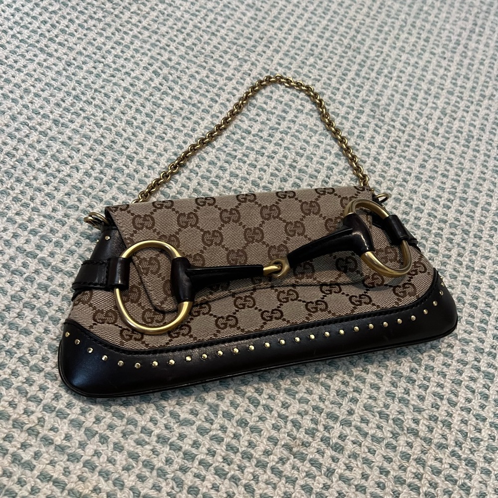 Gucci Brown GG Canvas Horsebit Chain Clutch